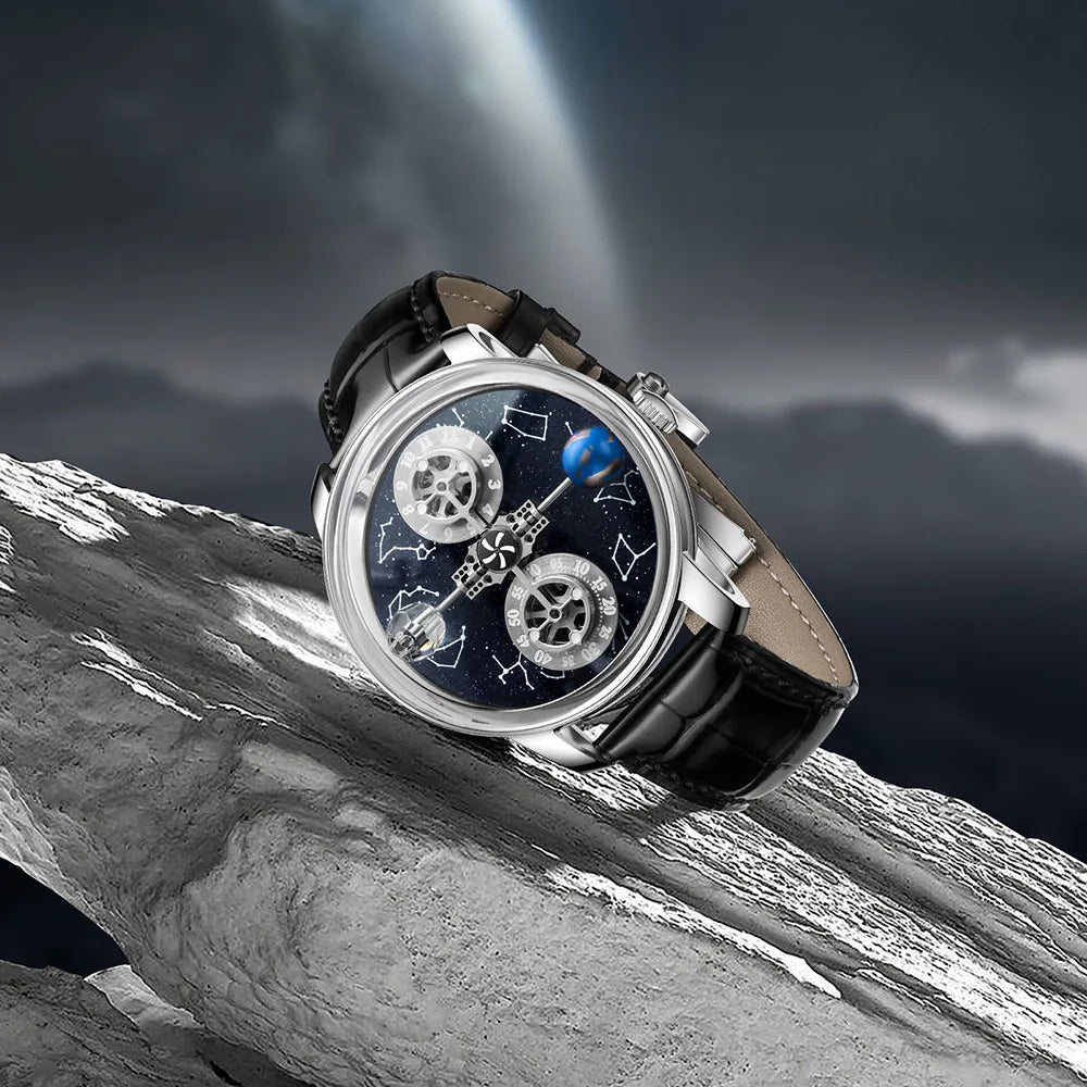 PINDU - Montre Homme Mécanique Automatique Squelette - 12 Constellations - Verre Saphir - Bracelet Maille Acier