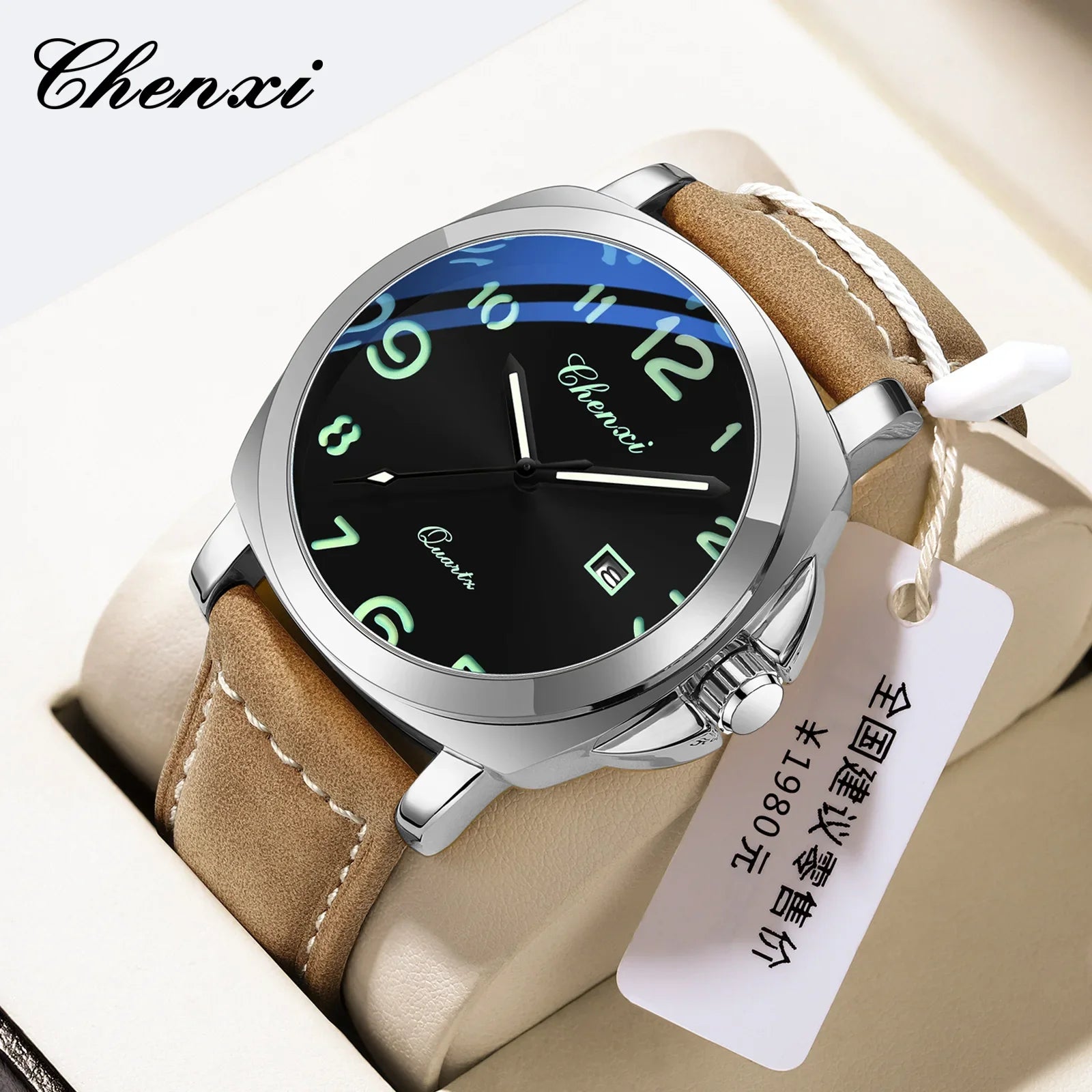 Montre Homme Luxe CHENXI 2026 - Cuir Véritable, Date Lumineuse, Calendrier, Sport Quartz Étanche 3 ATM