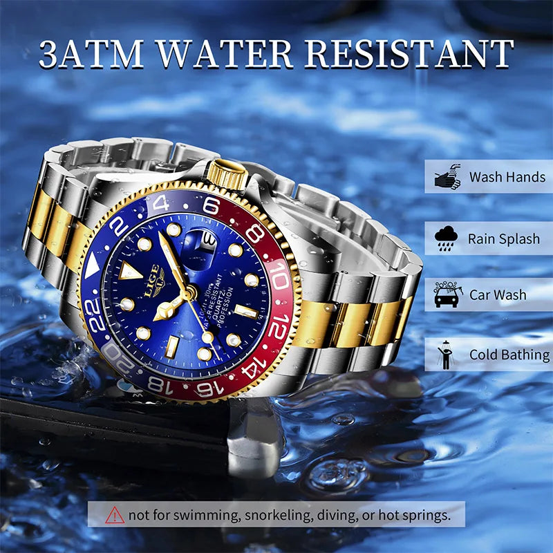 LIGE - Montre Homme 2025 Lumineuse - Acier Bicolore Or/Argent - Lunette Bleue Rouge - Étanche 3 ATM