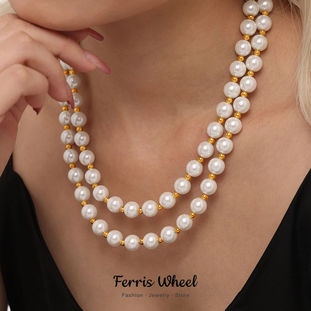 Collier Femme Chaîne Clavicule Inaltérable - Perles Coquillage Blanc 12mm Acier Inoxydable