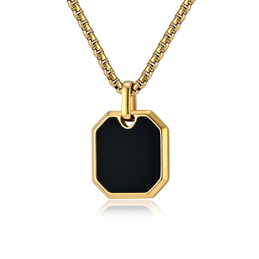 Collier Pendentif Carré Noir Unisexe - Acier Inoxydable Classique Homme Femme