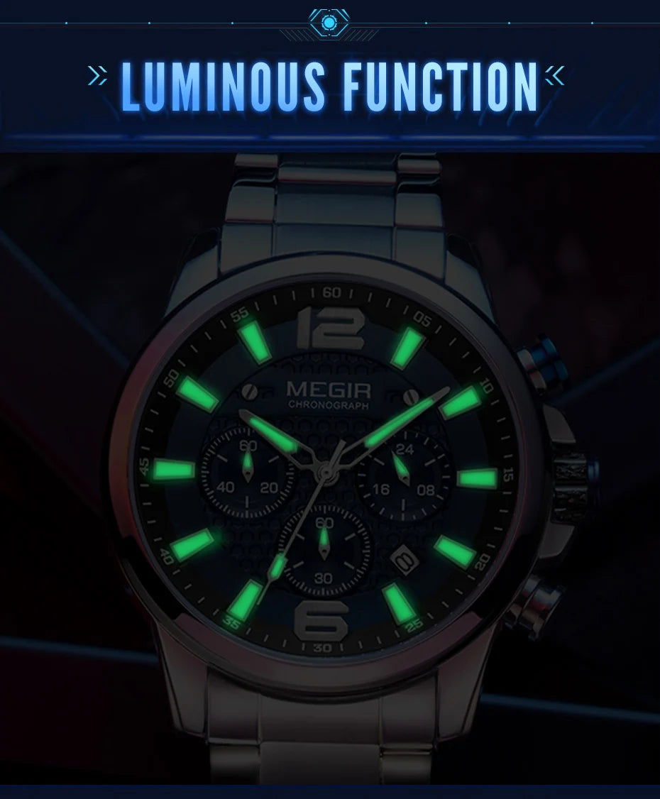 MEGIR - Montre Homme 2156 Luxe Affaires Mode Quartz Chronographe Lumineux Étanche Calendrier Acier Inoxydable