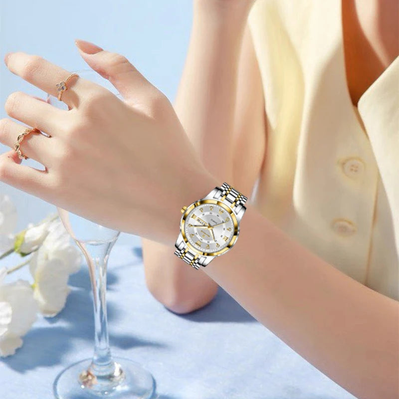 Montre Femme LIGE 2026 Diamant - Acier Inoxydable, Bracelet Créatif, Étanche 3 ATM, Calendrier Lumineux