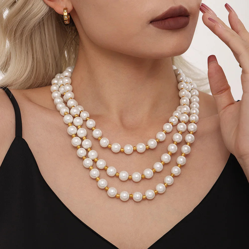 Collier Femme Chaîne Clavicule Inaltérable - Perles Coquillage Blanc 12mm Acier Inoxydable