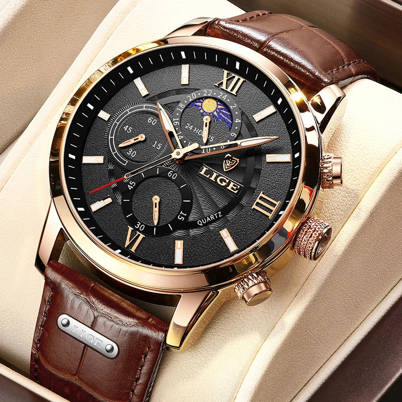 LIGE - Montre Homme Chronographe - Cuir Marron - Phase de Lune - Étanche 3 ATM