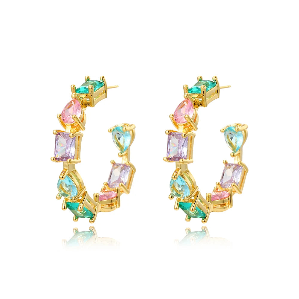 Boucles d'Oreilles Femmes Bohème Zircons Multicolores - Bijou Femme Doré