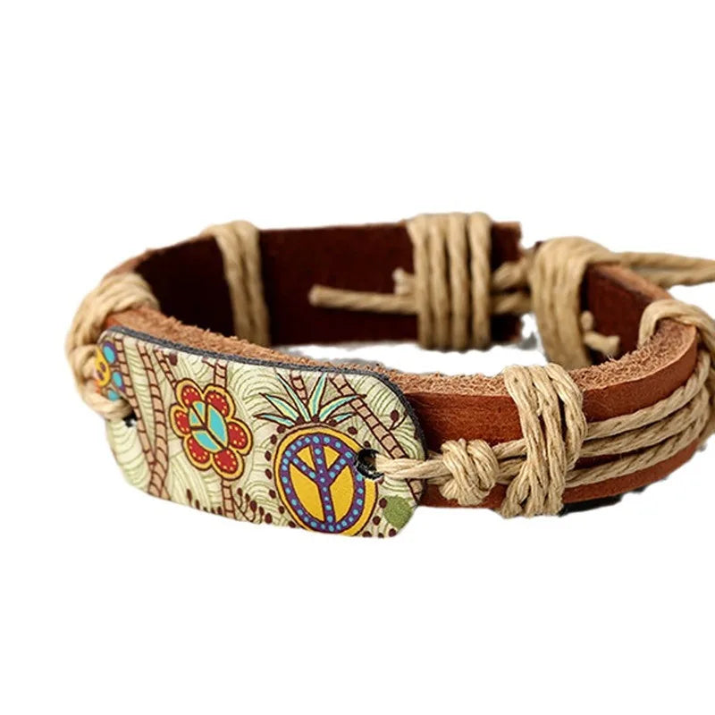 Bracelet Hippie Rétro Cuir Ajustable Motif Floral Femme - Fait Main
