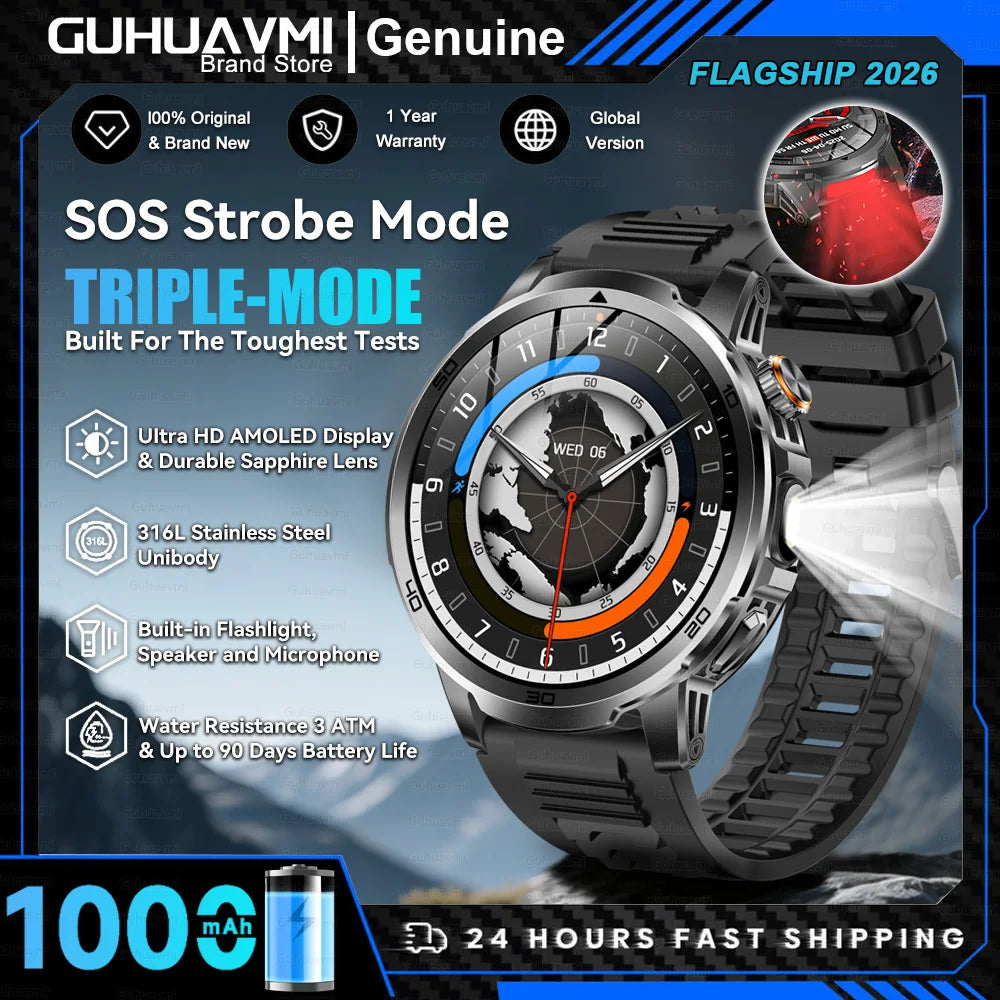 Montre Connectée Militaire T-REX 3 Ultra 2026 - 1000mAh, 5ATM Étanche 50m, AMOLED 1.85", GPS, Lampe Torche