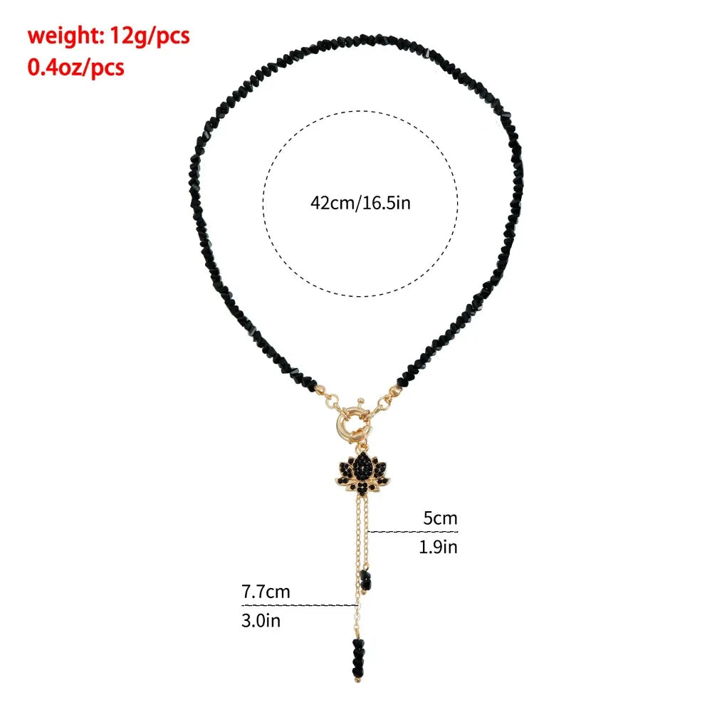 Collier Pendentif Lotus Strass et Pompon - Perles Cristal Noir Triangulaire Femme