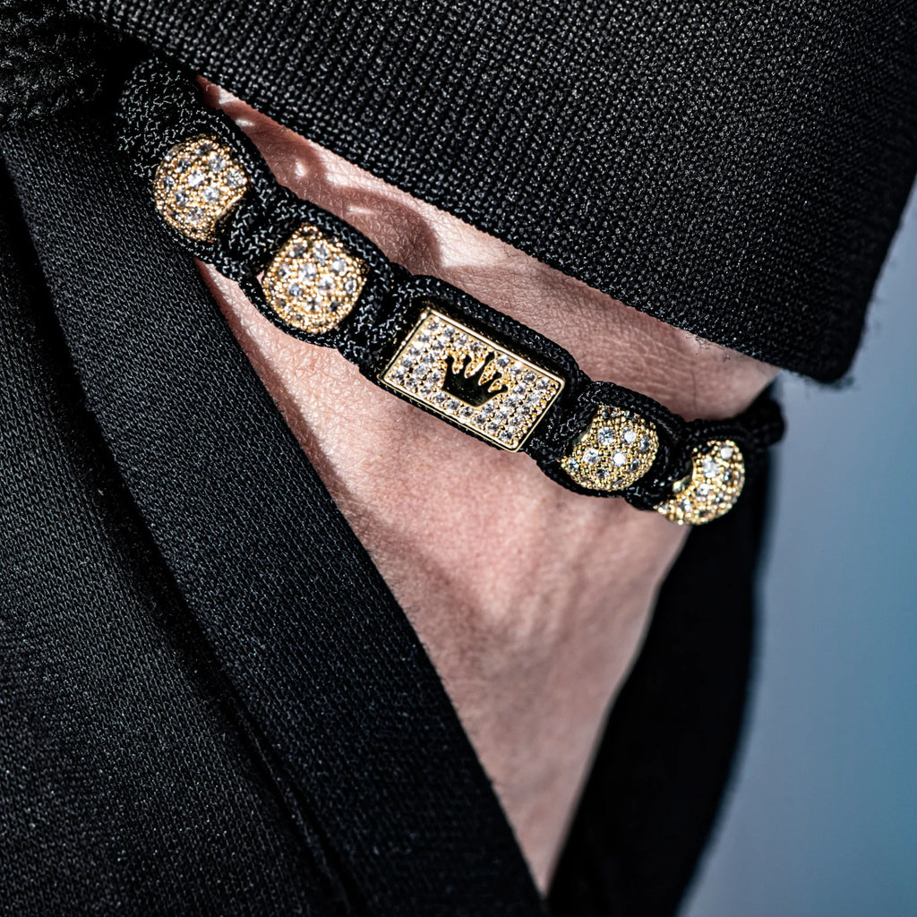 Bracelet Tressé Noir Ajustable Homme Design Couronne Zircones - Hip-Hop