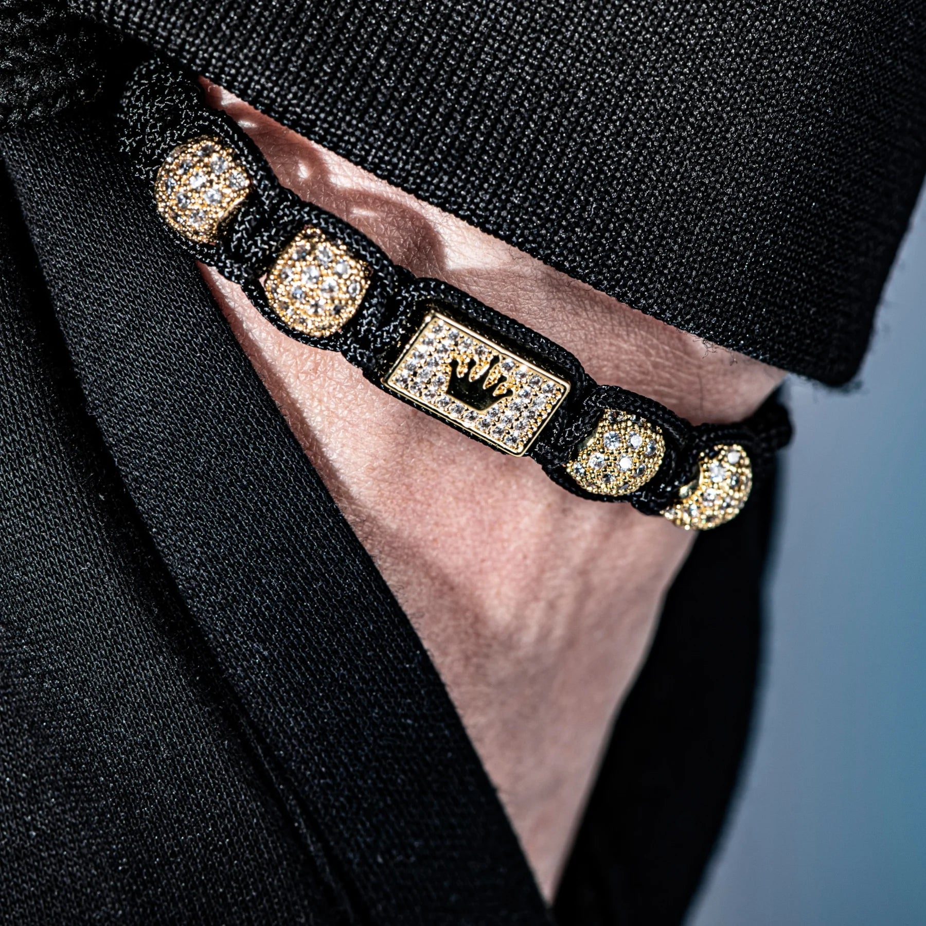 Bracelet Tressé Noir Ajustable Homme Design Couronne Zircones - Hip-Hop