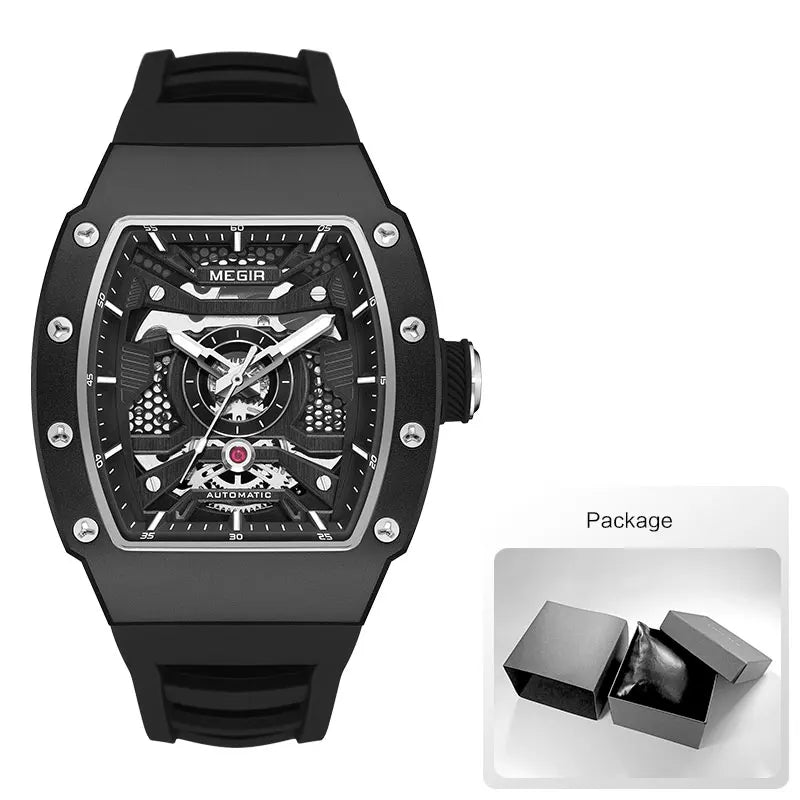 MEGIR - Montre Homme MEGIR 8604 Mécanique Automatique Squelette - Boîtier Tonneau Acier - Bracelet Silicone