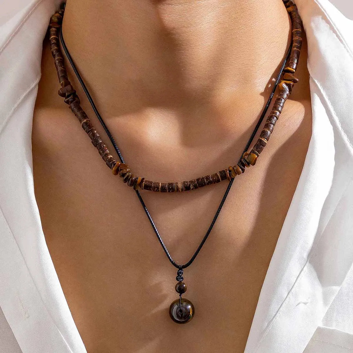 Collier Homme - Ensemble 2 Colliers Bohème Pierre Naturelle Perles Bois - Bijou Homme Vintage
