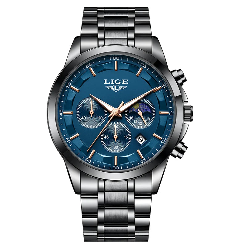 Montre Homme LIGE 2026 Luxe - Quartz Phase de Lune Calendrier Lumineux