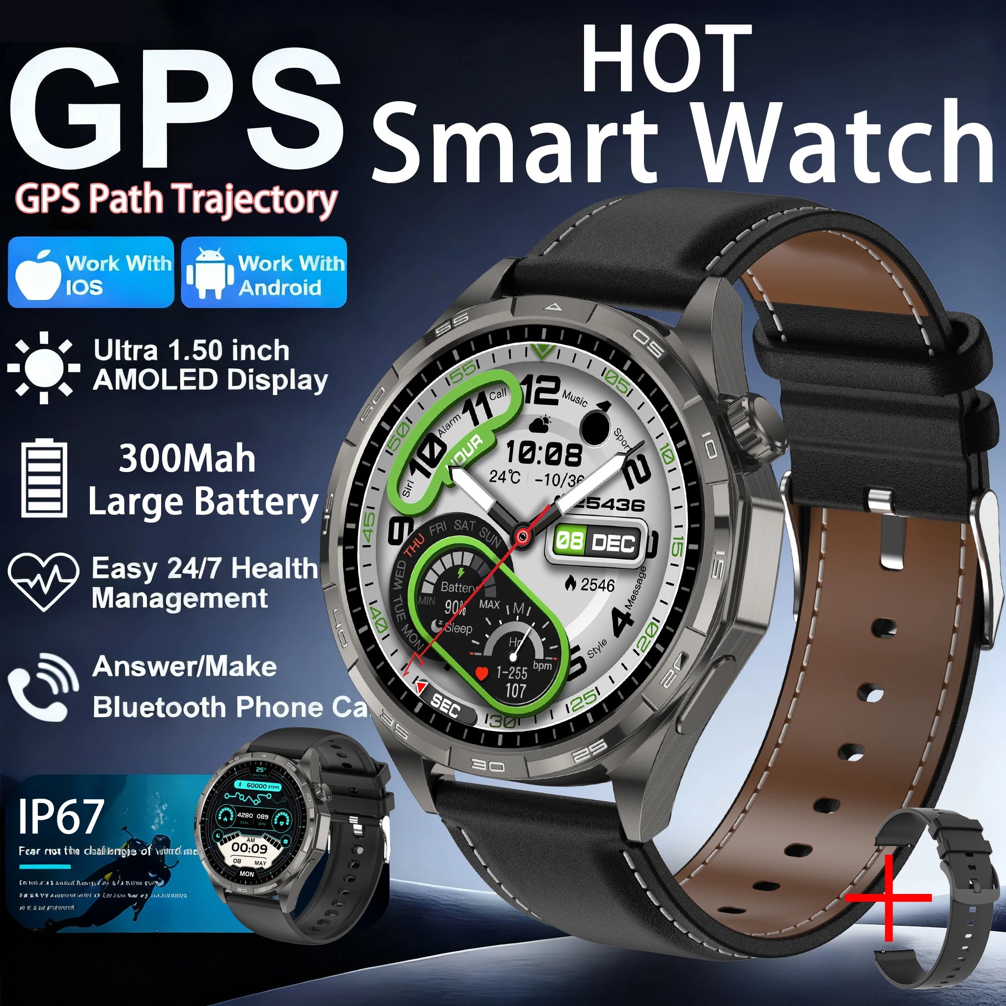 Montre Connectée Sport 2026 AMOLED NFC - Always Display, Appels Bluetooth, GPS, IP67, 30 Jours Autonomie
