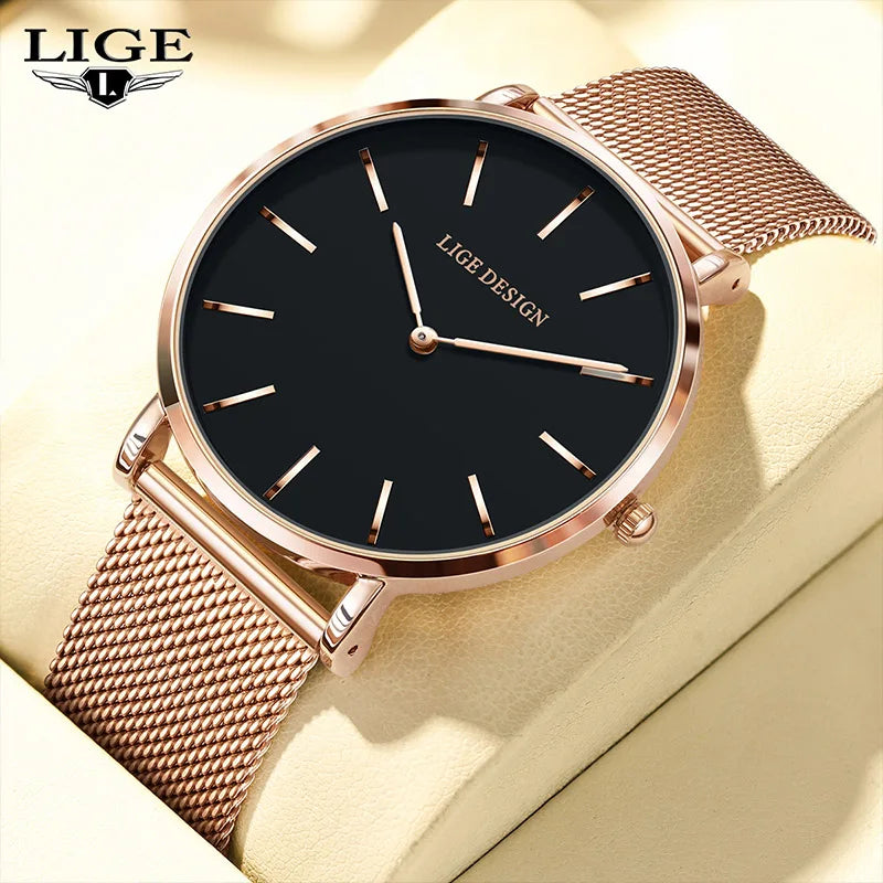 LIGE - Montre Femme Élégante - Bracelet Maille Milanaise Acier - Étanche 3 ATM