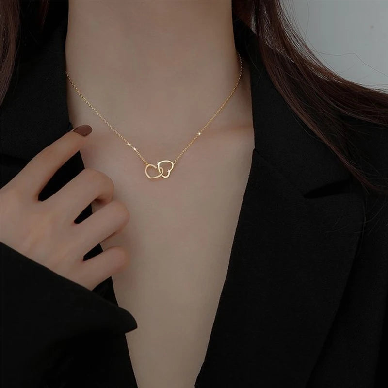 Collier Pendentif Double Cœur Minimaliste - Bijou Femme Tendance