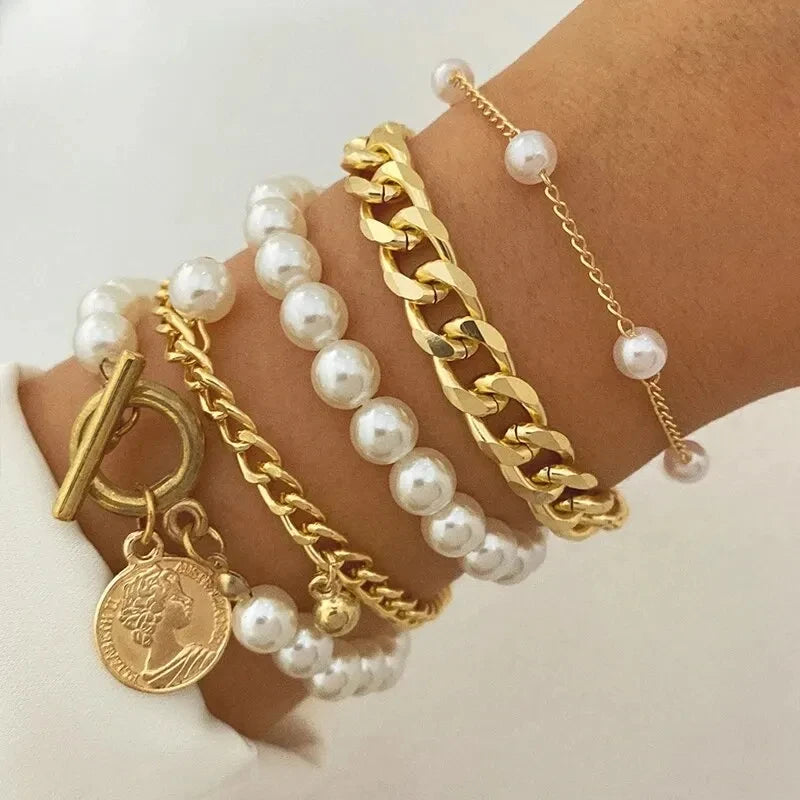Bracelets Femmes Bohème Dorés Perles Pièces - Ensemble Bijoux Femme Vintage