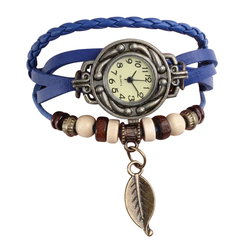 MOONBIFFY - Montre Bracelet Femme Vintage Cuir - Petit Cadran - Breloque Décorative - Style Bohème