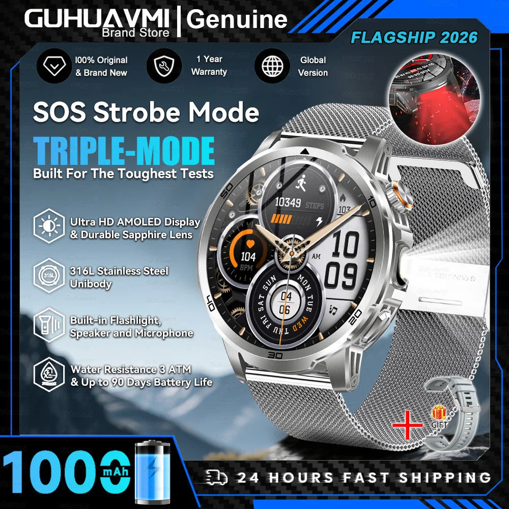 Montre Connectée Militaire T-REX 3 Ultra 2026 - 1000mAh, 5ATM Étanche 50m, AMOLED 1.85", GPS, Lampe Torche