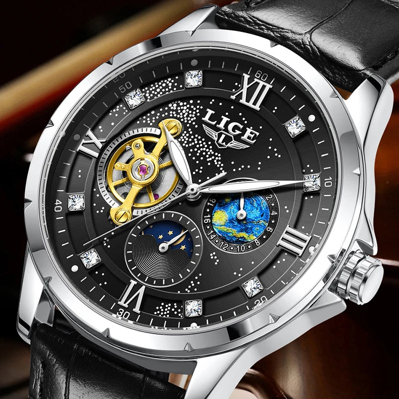 Montre Automatique Homme LIGE 2026 - Mécanique Phase de Lune Bracelet Cuir