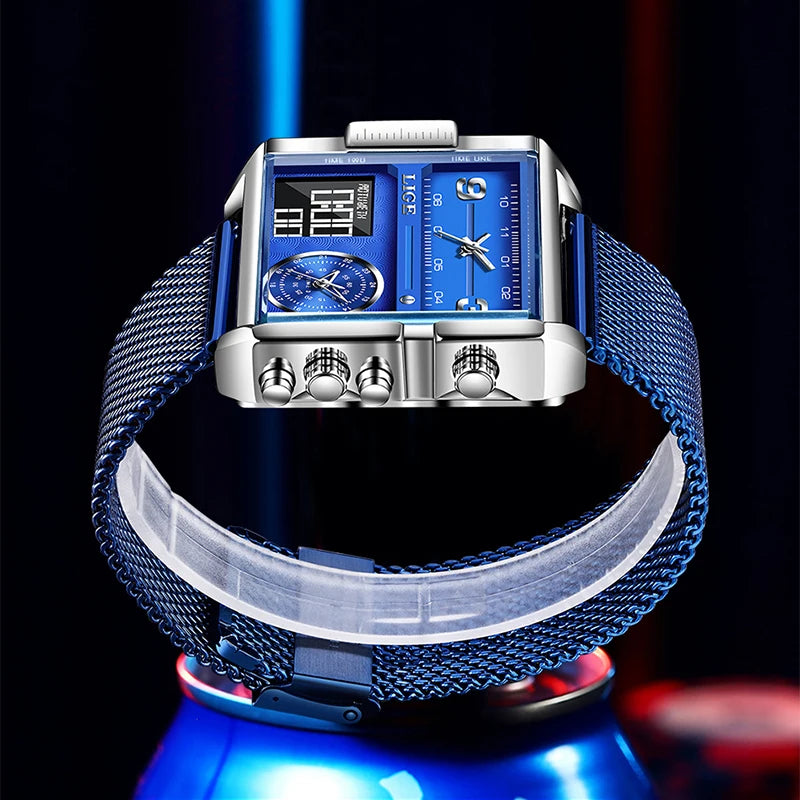 LIGE - Montre Homme Luxe Sport - Double Affichage Analogique Digital - Acier - Étanche 3 ATM