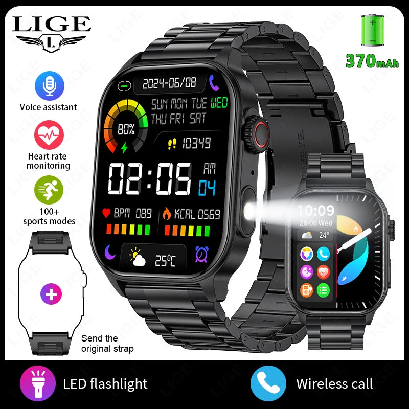 LIGE - Montre Intelligente LIGE 2.01" Militaire Sport - Lampe LED - Appels Bluetooth 5.2 - Étanche - Android iOS