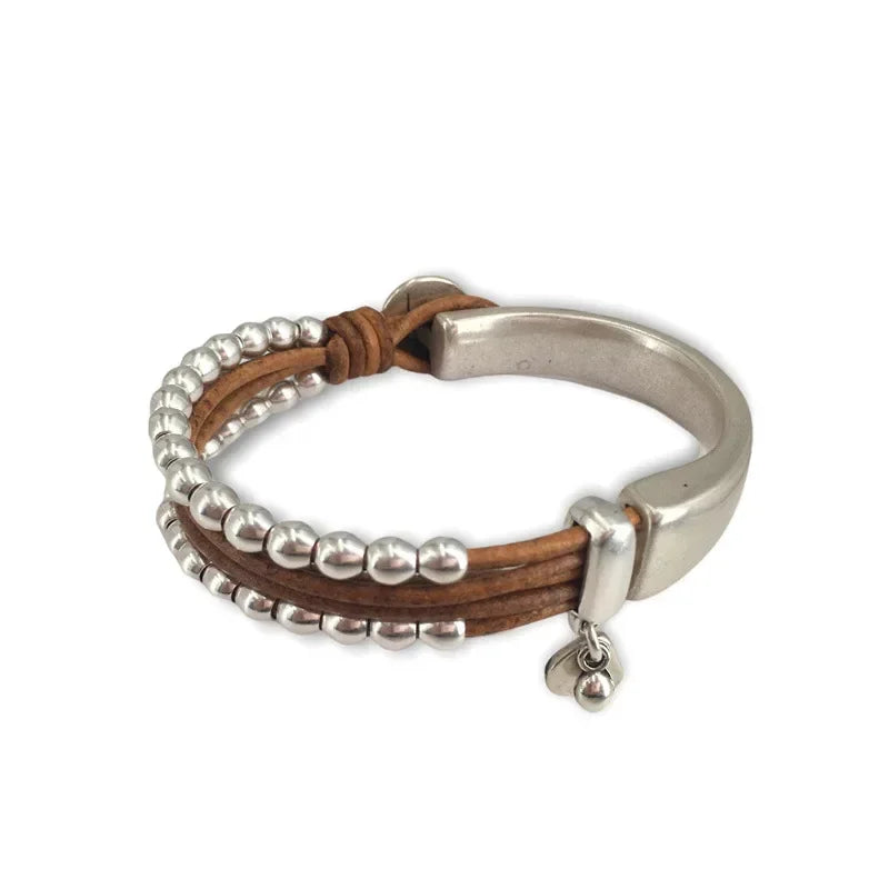 Bracelet Bohème Chic Hippie Double Cuir Tressé Perles Unisexe