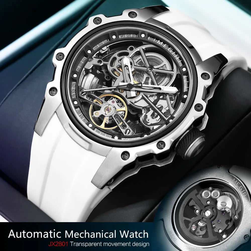 MEGIR - Montre Homme 2245 Mécanique Automatique Squelette Sport - Bracelet Silicone Blanc - Acier Inoxydable