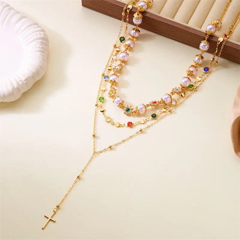 Collier Perles Polyvalent Pendentif Croix Hip-Hop - Bijou Femme Multi-Rangs