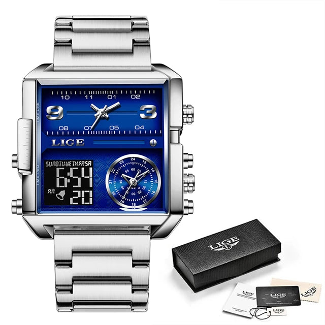 LIGE - Montre Homme Luxe Sport - Double Affichage Analogique Digital - Acier - Étanche 3 ATM