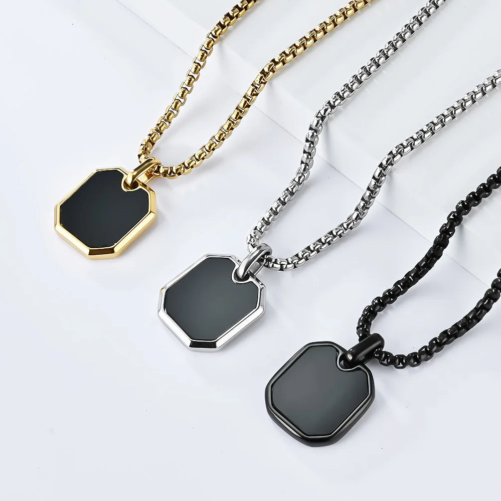 Collier Pendentif Carré Noir Unisexe - Acier Inoxydable Classique Homme Femme