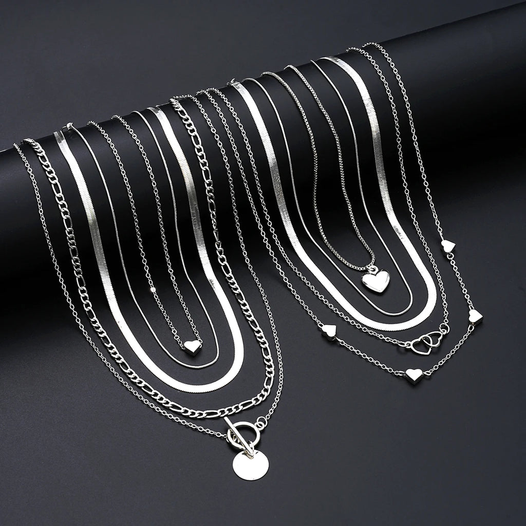 Ensemble 10 Colliers Pendentifs Empilables Femme - Cœur Multi-Rangs Tendance