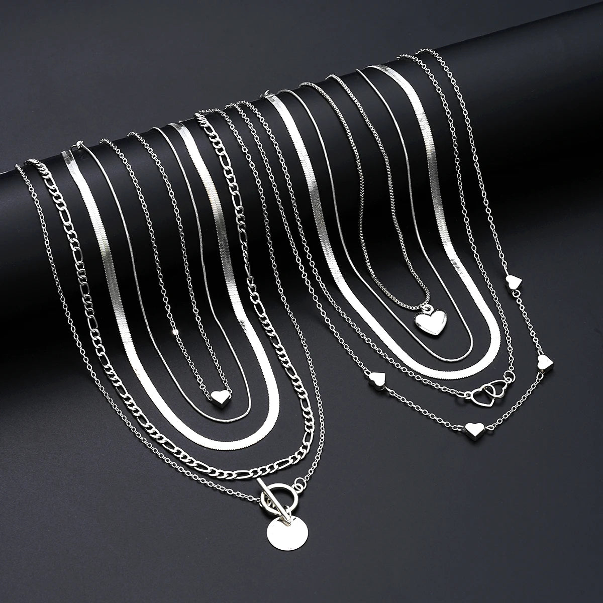 Ensemble 10 Colliers Pendentifs Empilables Femme - Cœur Multi-Rangs Tendance