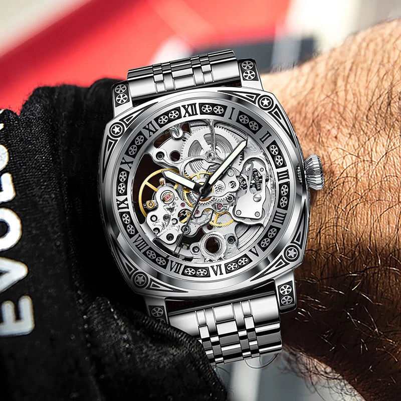 GLENAW - Montre Homme Automatique Top Marque Luxe - Montre De Sculpture Personnelle Homme En Acier Inoxydable