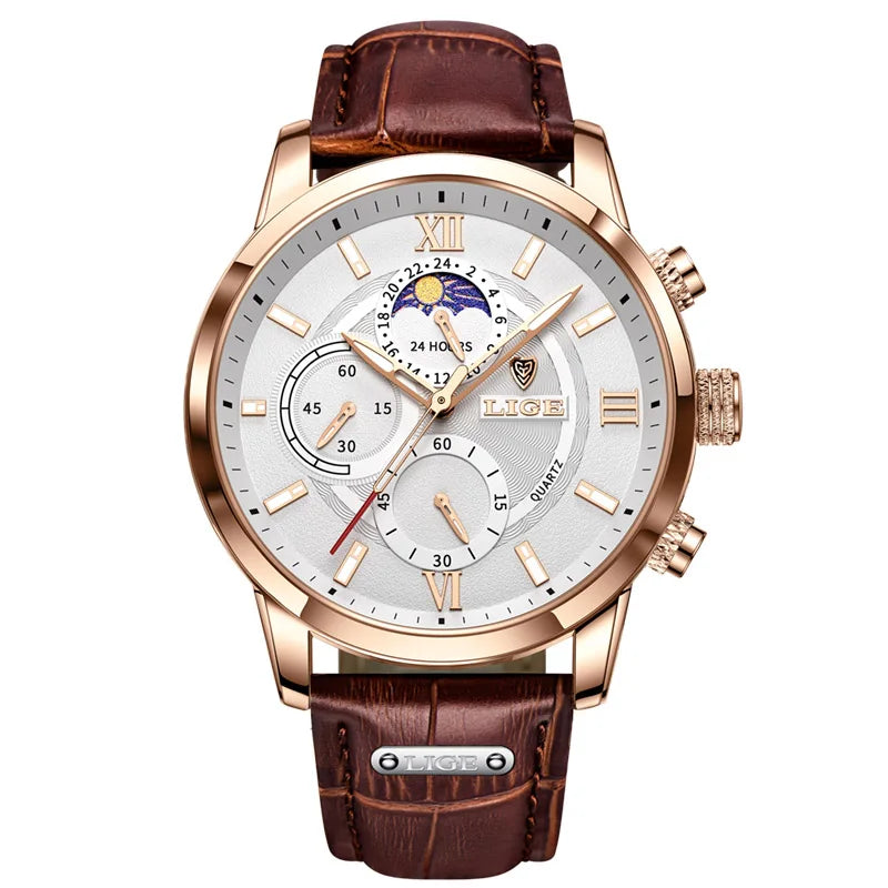 LIGE - Montre Homme Chronographe - Cuir Marron - Phase de Lune - Étanche 3 ATM