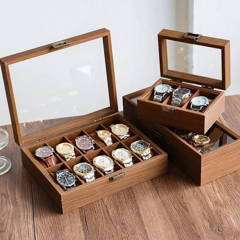 Boîte à Montres Bois Noyer 12 Emplacements - Vitrine Verre - Protection Luxe - Rétro