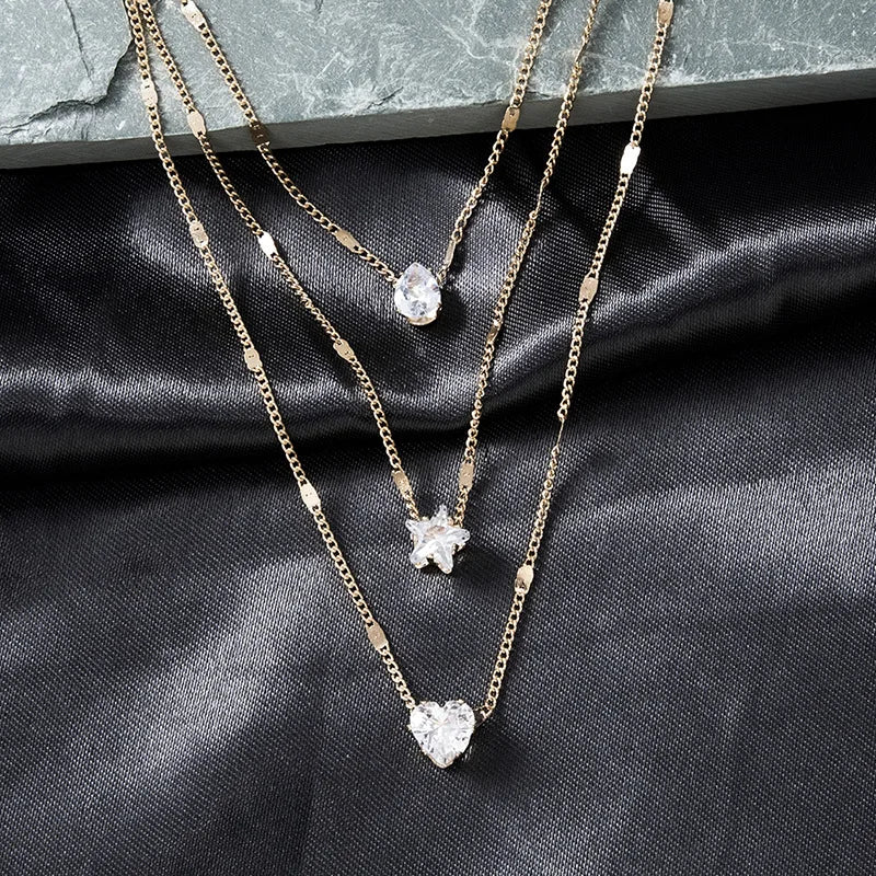 Collier Multi-Rangs Pendentif Zircon - Bijou Femme Tendance Choker