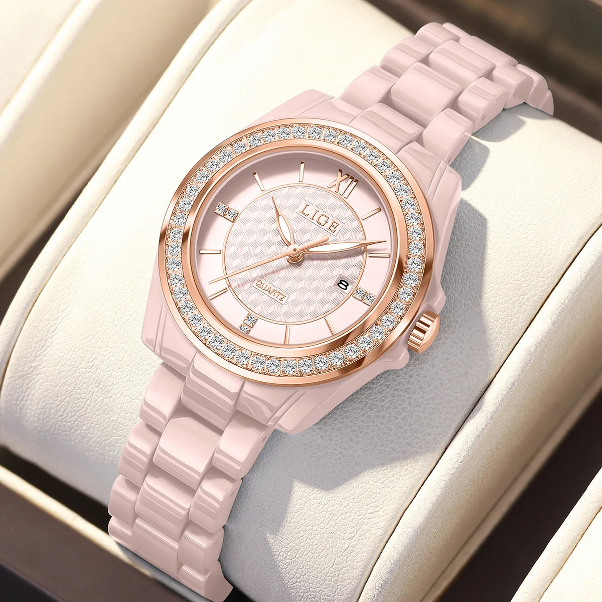 Montre Femme LIGE 2026 Rose – Quartz Céramique Élégante, Calendrier & Étanche 3 ATM