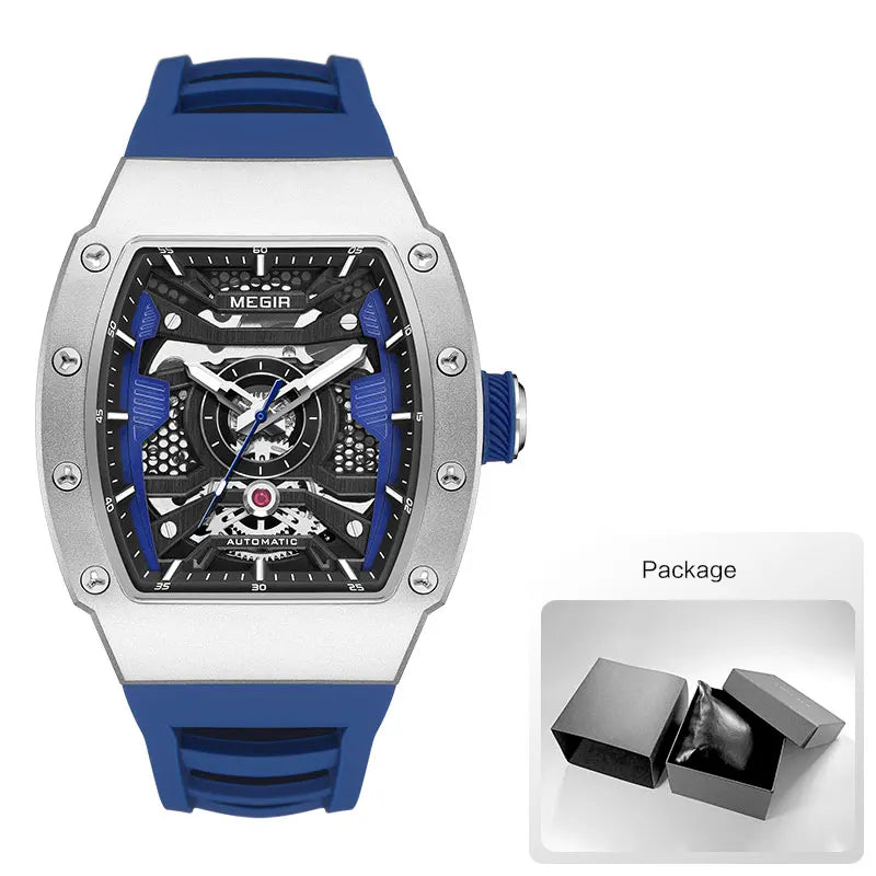 MEGIR - Montre Homme MEGIR 8604 Mécanique Automatique Squelette - Boîtier Tonneau Acier - Bracelet Silicone