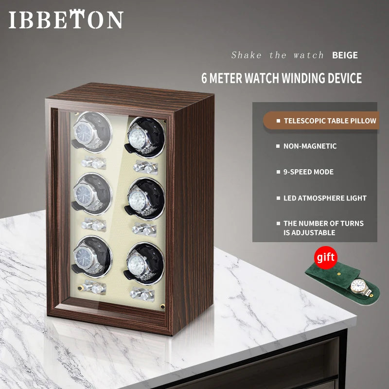 Remontoir à Montres Automatique IBBETON Luxe Cuir - Moteur Mabuchi - Armoire Rangement - 6 Montres - Garantie 3 Ans