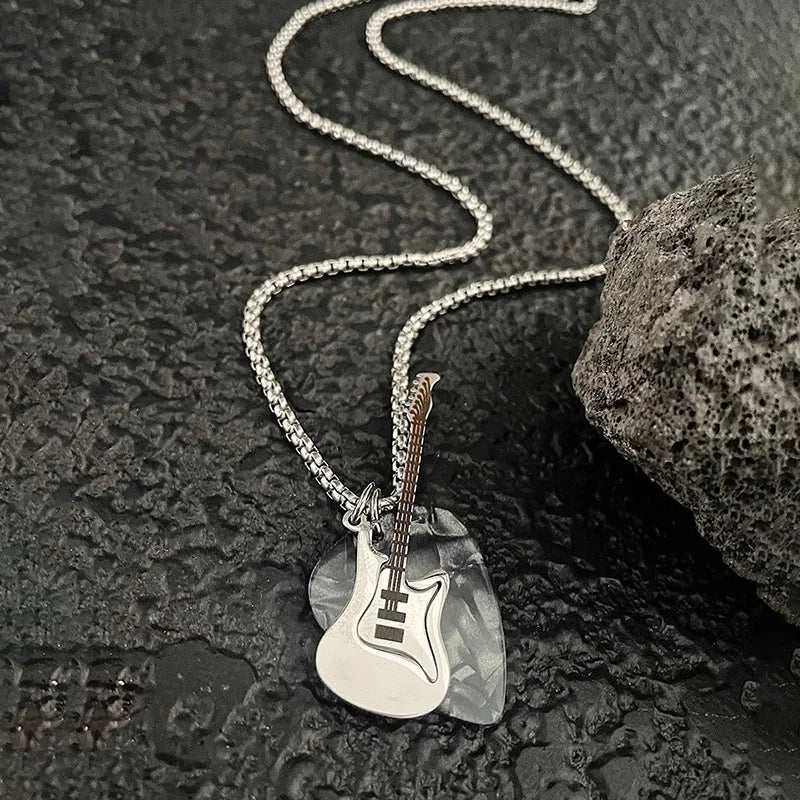Collier Pendentif Médiator Guitare Hip-Hop Acier Inoxydable - Bijou Unisexe