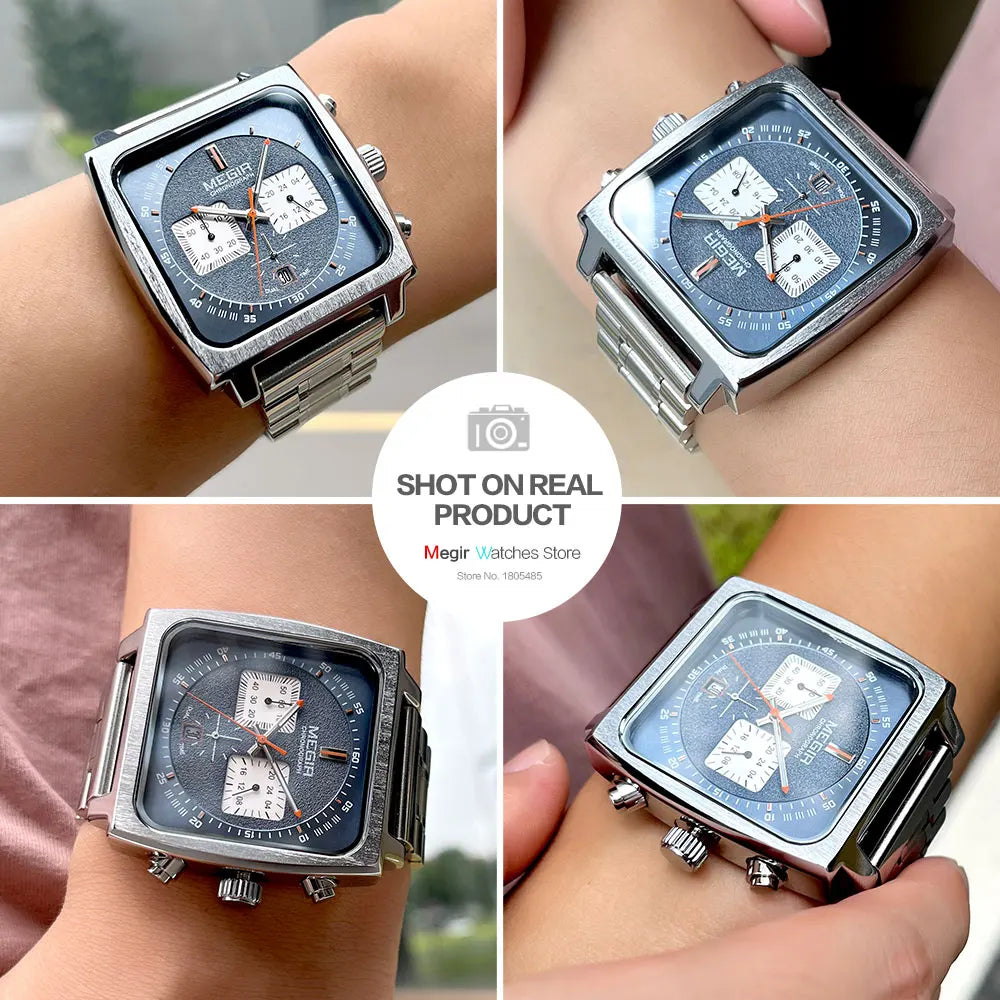 MEGIR - Montre Homme 2182 Sport Chronographe Carrée - Cadran Bleu - Bracelet Acier - 24H - Étanche 3 ATM