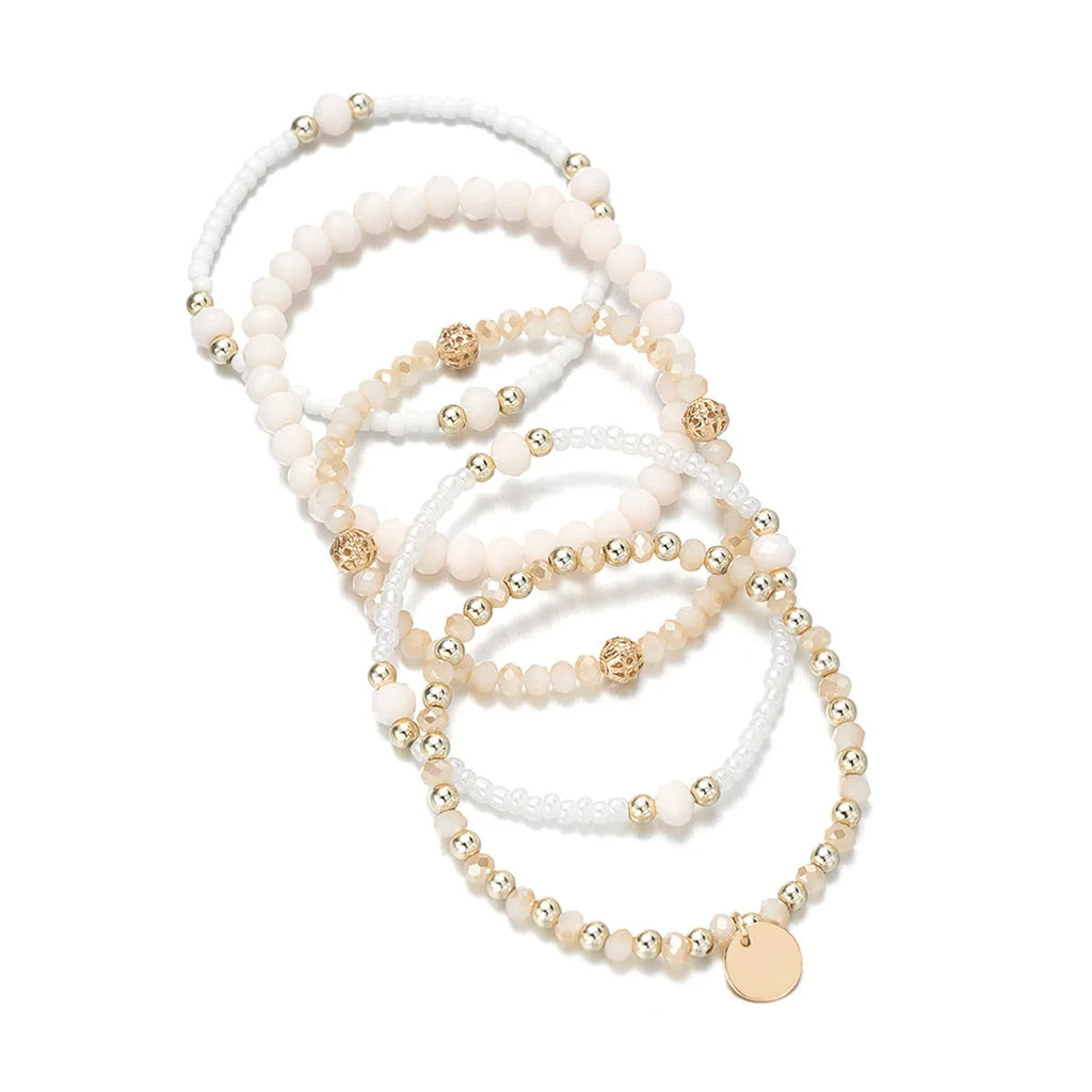 Bracelet - Ensemble 5 Bracelets Femme Perles Résine - Pièce Ronde Charme Élastique Chaîne Bangle Vacances