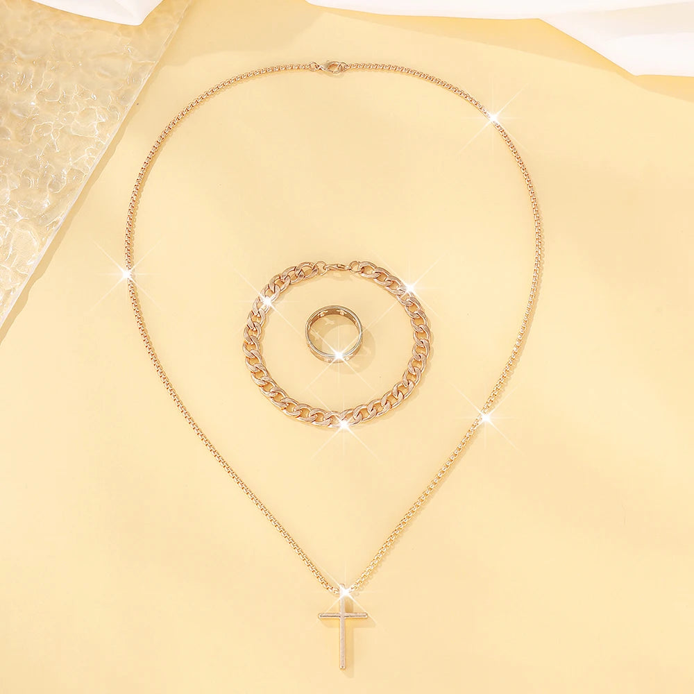 Ensemble Bijoux Homme 3 Pièces Alliage - Collier Pendentif Croix, Bracelet & Bague