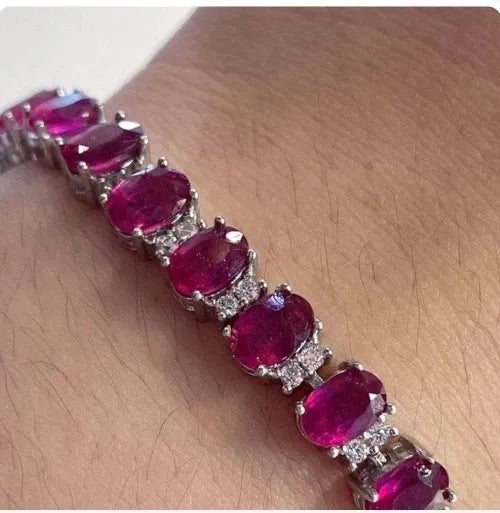 Bracelet Rubis Naturel Argent Sterling 925 Plaqué Platine Femme - Bijou Fin