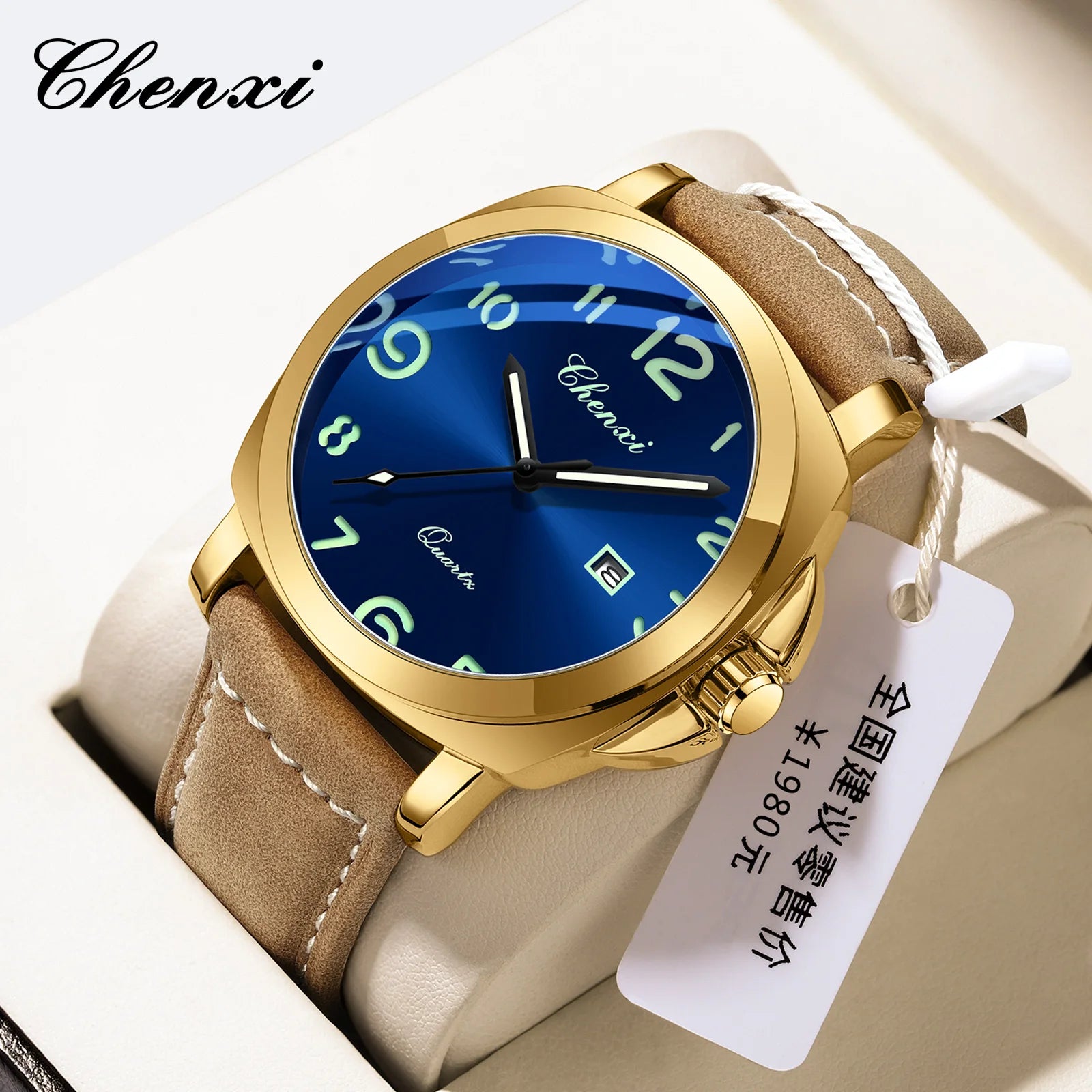 Montre Homme Luxe CHENXI 2026 - Cuir Véritable, Date Lumineuse, Calendrier, Sport Quartz Étanche 3 ATM
