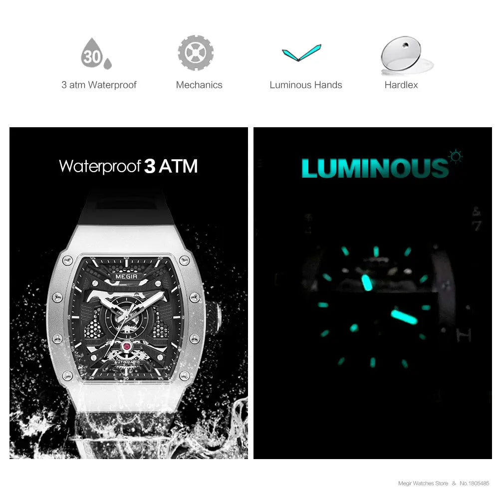 MEGIR - Montre Homme MEGIR 8604 Mécanique Automatique Squelette - Boîtier Tonneau Acier - Bracelet Silicone