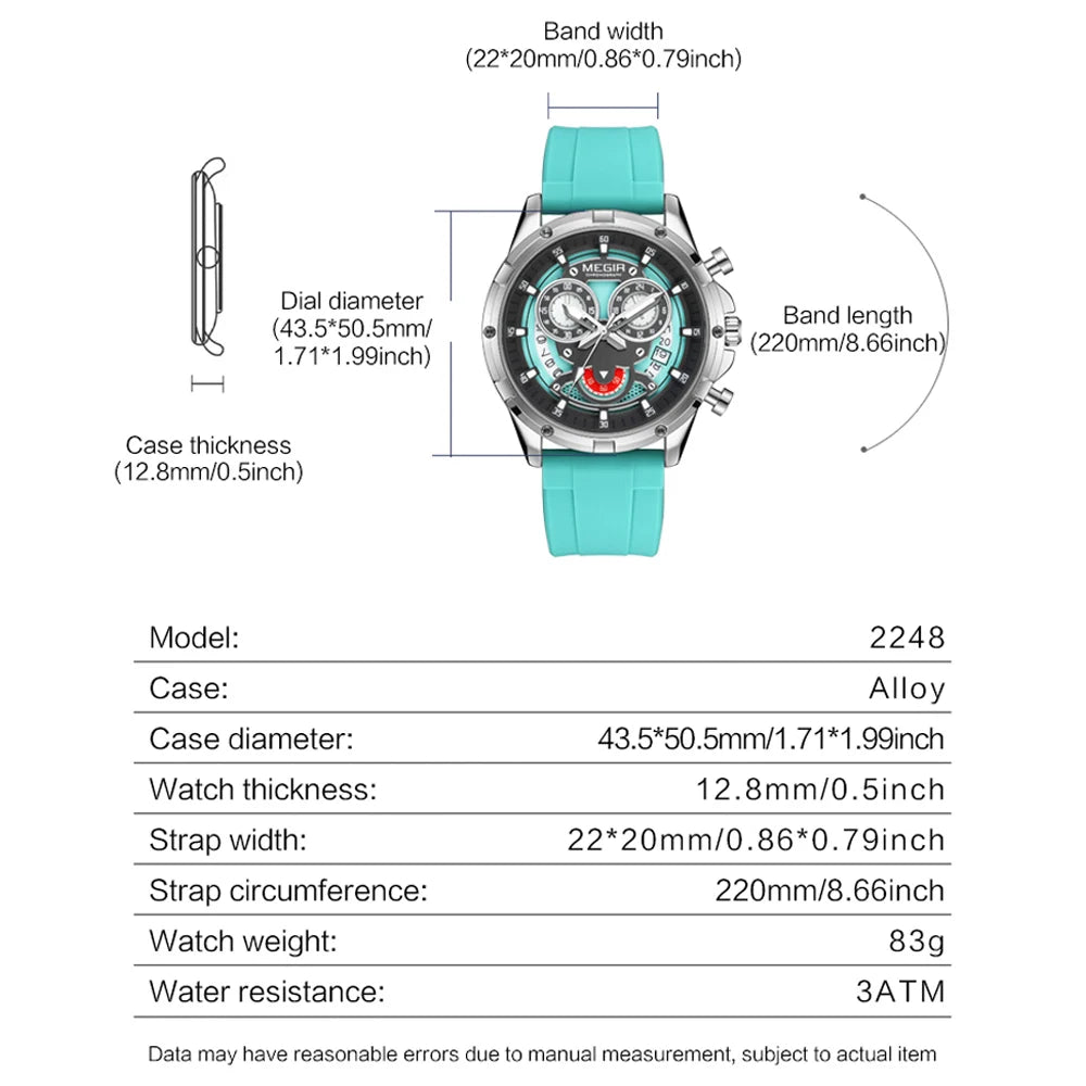 MEGIR - Montre Homme Quartz Étanche Luxe Lumineux Date Chronographe Silicone Hommes Montre-bracelet Militaire Sports