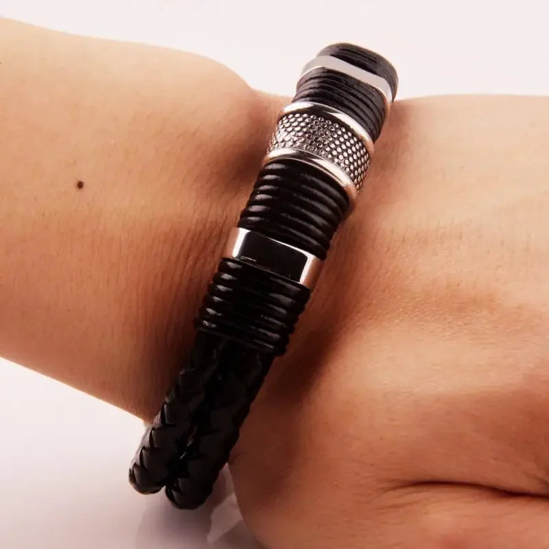 Bracelet Cuir Tressé Perles Homme Femme - Hip-Hop Punk Acier Inoxydable Unisexe Charme